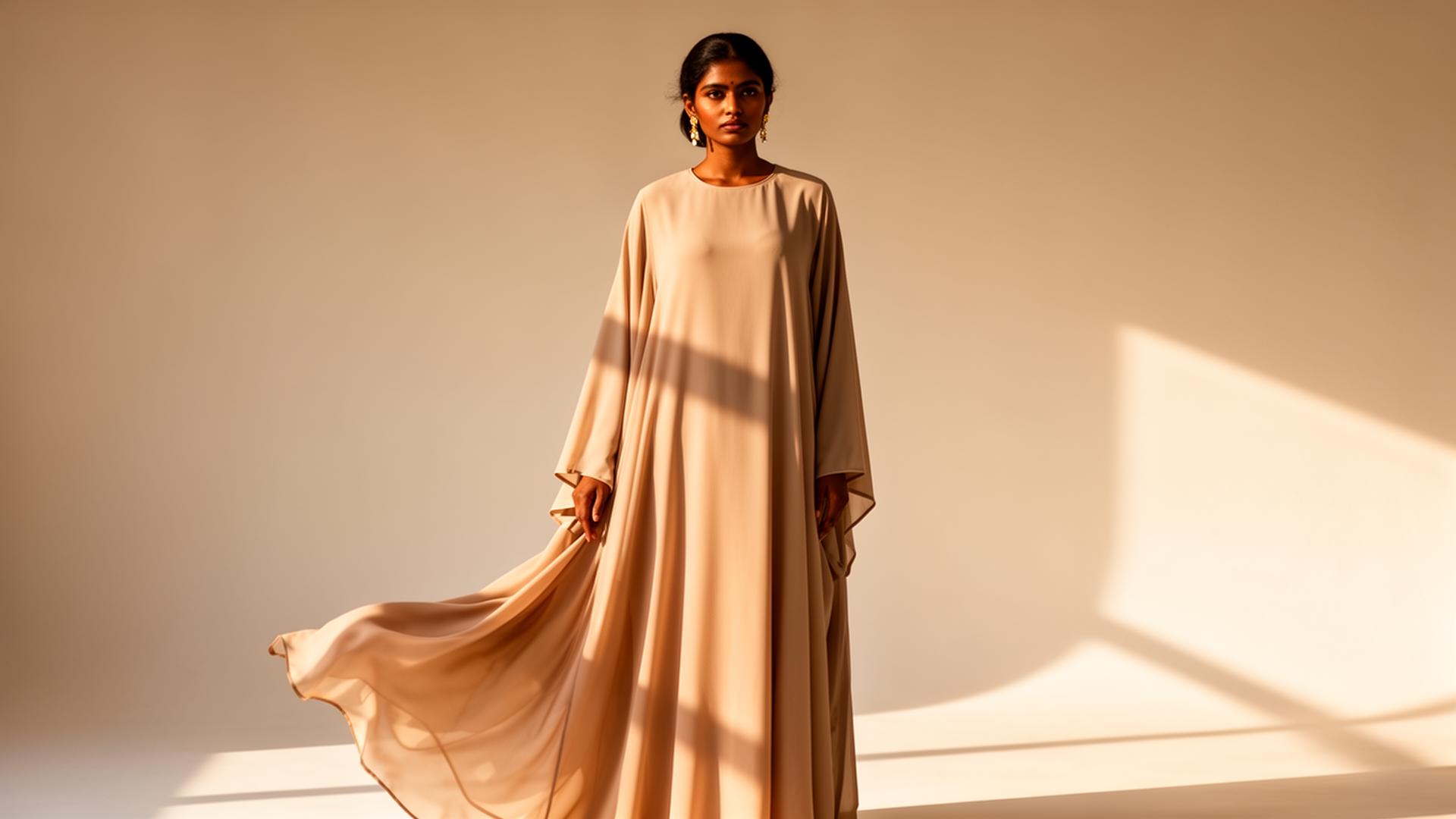 Luna Fashion House model in beige abaya